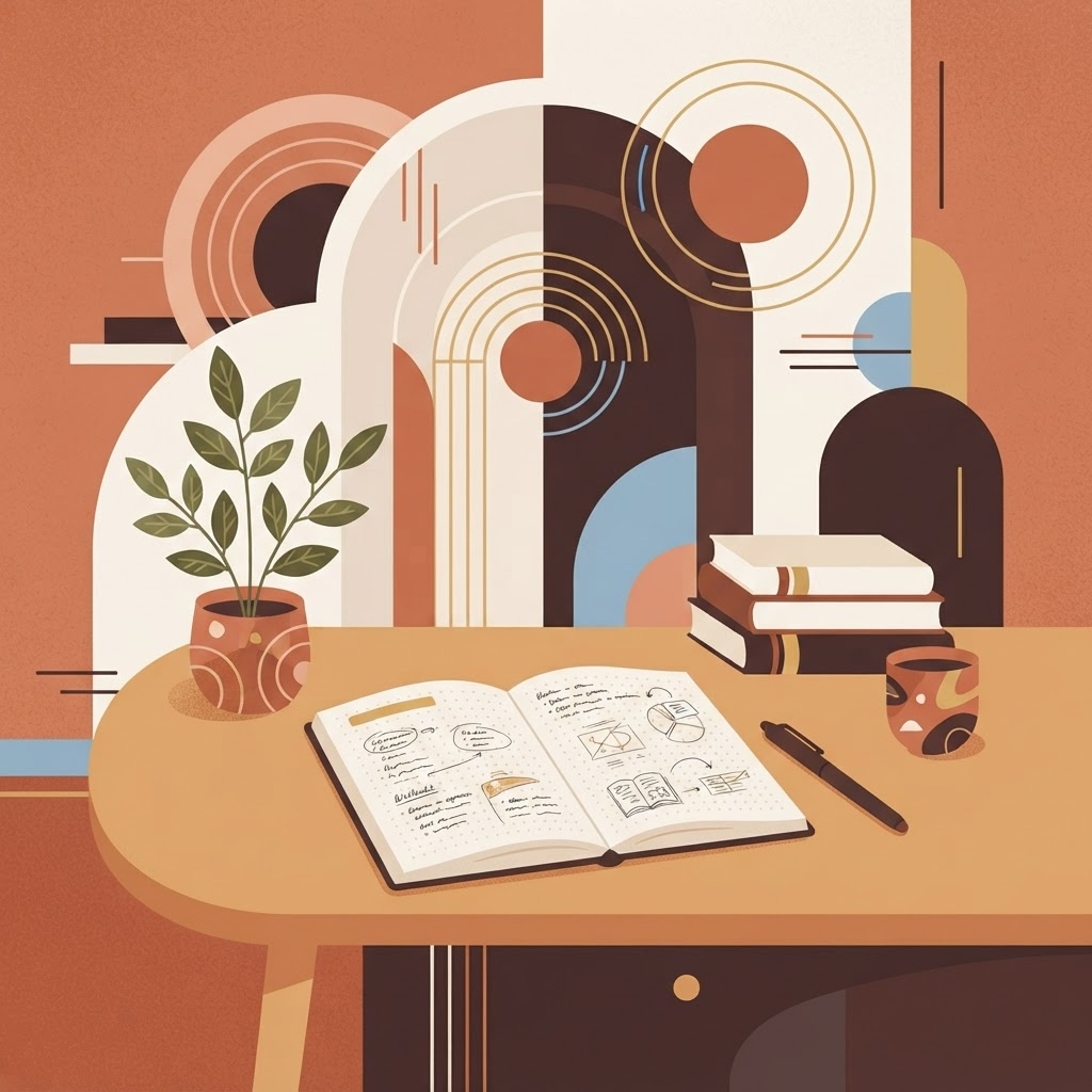 Ilustración editorial de un espacio de estudio tranquilo con un cuaderno y una planta